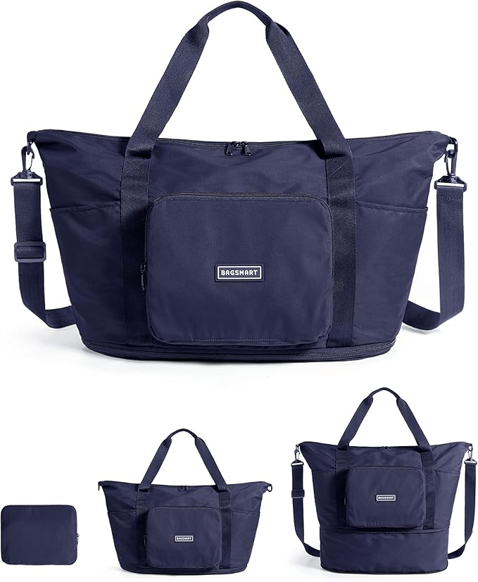 BAGSMART Foldable Travel Bag, 37L Expandable Personal Item Bag, Navy Blue | Airline Approved Personal Carry-on Size, Fits Under-seat, Trolley Sleeve, Backup Bag for Travel, Vacation, Overnight by BAGSMART