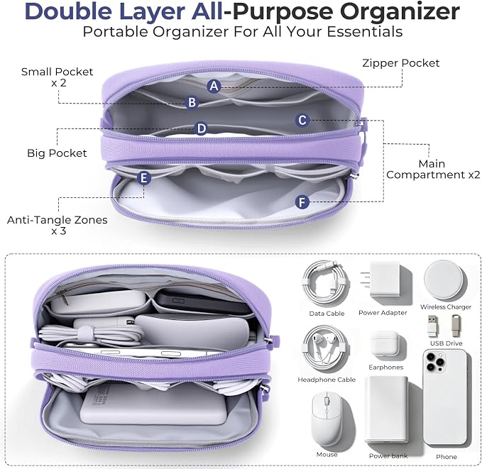 Skycase Travel Cable Organizer - Lightweight Water Resistant Dual-Layer Tech Pouch with Wrist Strap 9 Compartments Electronic Organizer Travel Case for Charger Cord Hard Drive,Medium,Purple - Image 2