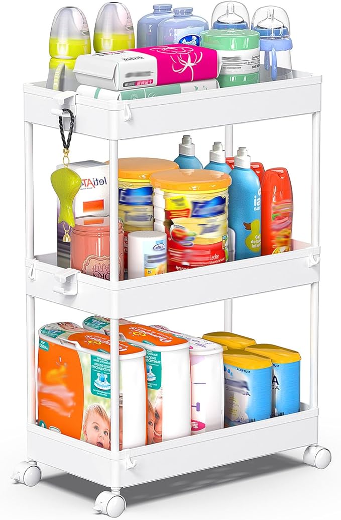 SPACEKEEPER 3 Tier Rolling Cart, Bathroom Cart Organizer with Wheels, White | Mobile Storage Cart for Laundry Room Organization,Kitchen,Office,Bathroom, Utility Cart for Snack,Craft,Art,Makeup,Nail,Toys by SPACEKEEPER