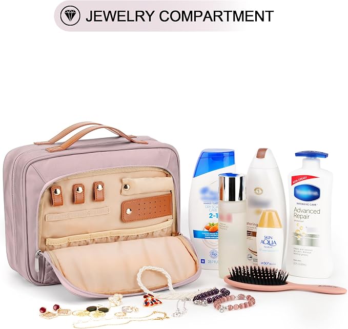 Travel Hanging Toiletry Bag for Women, with Jewelry Organizer Compartment, Medium Waterproof Hanging Makeup Accessories, Cosmetic Essentials, Toiletries Dopp Kit Set with Trolley Belt, Baby Pink - Image 3
