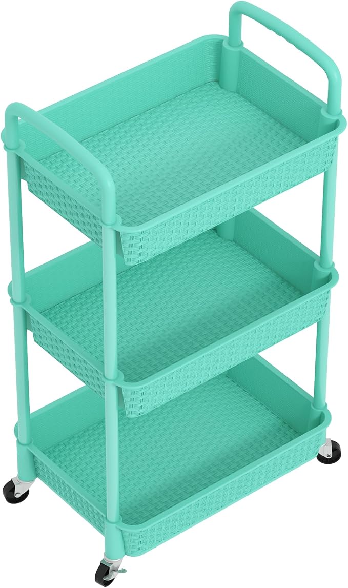 MOYIPIN 3-Tier Plastic Rolling Utility Cart with Handle,Turquoise | Utility Storage Cart for Office, Living Room, Kitchen,Movable Storage Organizer，Easy installation，Rattan-like art design - Image 9
