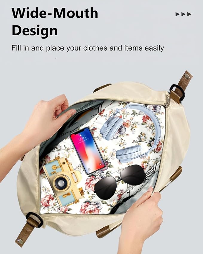 Foldable Travel Duffel Bag for Women, Beige | 40L Expandable Water-Resistant Carry on Bag, Personal Item Travel Bag Flight Approved with Wet Pocket for Gym Travel, Nylon - Image 7