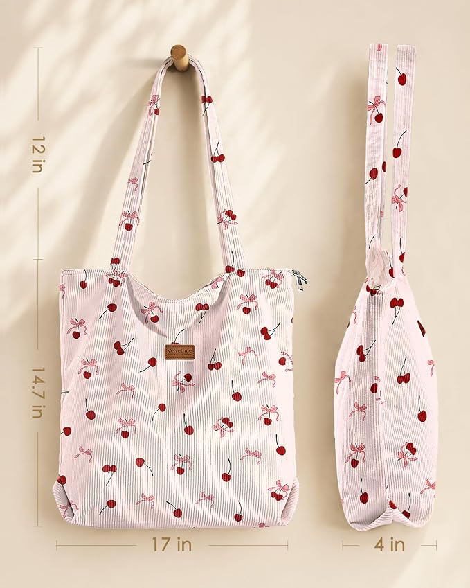 Aesthetic Corduroy Tote Bag with Zipper for Women | Reusable, Fits 14 Inch Laptop, Inner Pocket, double-sided print, Lightweight - Image 5