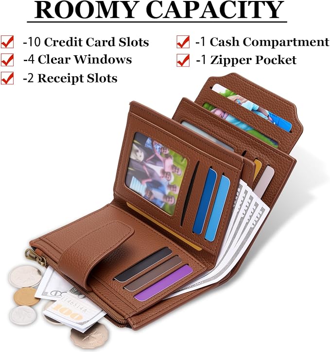 Small Wallet Women RFID Blocking Soft Leather Bifold Compact Card Holder Wallet for Women with Zipper Coin Pocket 4 ID Window - Image 2