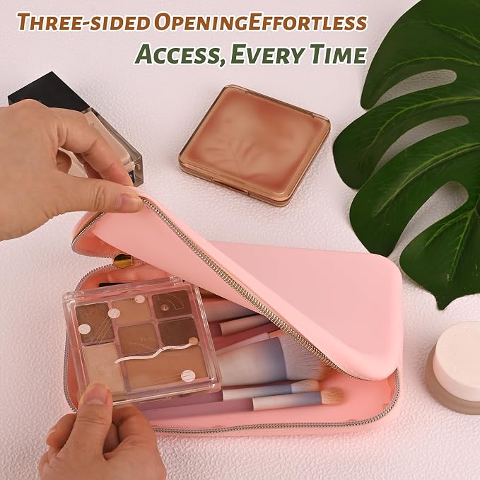 Zipper Makeup Brushes Bag for Travel, Make Up Brushes Pouch Case for Makeup Tools, Large Silicone Makeup Brush Holder for Daily Work (Pink) - Image 2