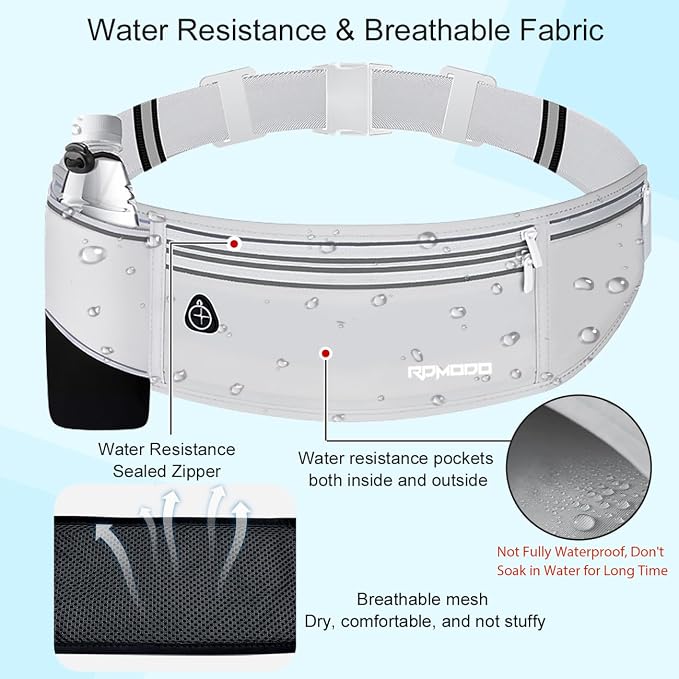 Fanny Pack with Water Bottle Holder, Running Hydration Belt, Grey | Water Resistant Waist Pack, Slim Runner Belt for iPhone Samsung, No Bounce, 4 Pocket Phone Holder for Running Walking, Unisex - Image 3