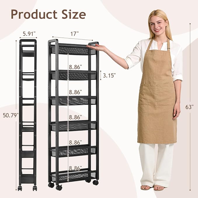 6 Tier Slim Rolling Storage Cart, Narrow Kitchen Storage Cart, Spice Rack Organizer with Wheels, Space Saving Shelf for Living Room, Laundry Room, Bathroom, Narrow Spaces - Image 2