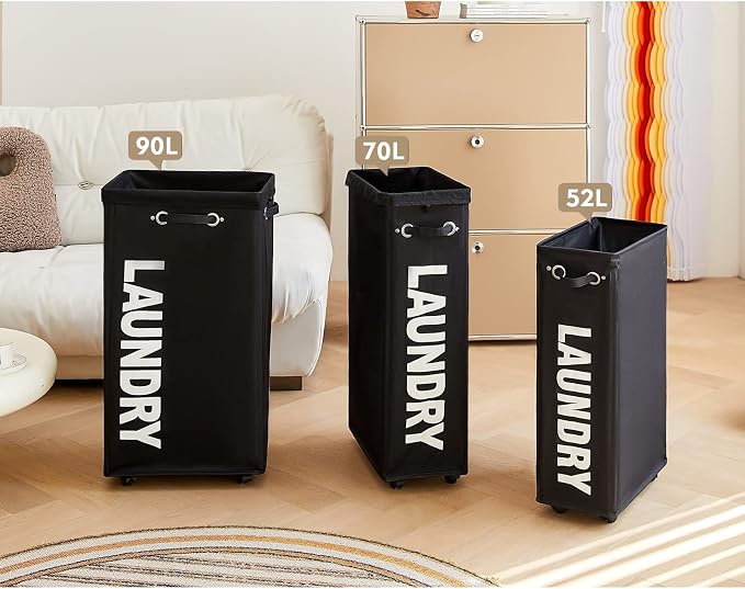 DOKEHOM 29" Enlarged Slim Rolling Laundry Basket Hamper on Wheels, Black | Collapsible tall laundry hamper with removable mesh wash bag. Foldable narrow corner clothes storage bin for small spaces - Image 8