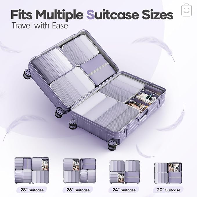 Veken 9/11 Set Compression Packing Cubes Garment Bags for Travel Essentials,Compressible Expandable Luggage Organizer Bags for Clothing,Space Saver Bags with Over 1000 pcs of Mesh Holes(Purple Gray) - Image 8