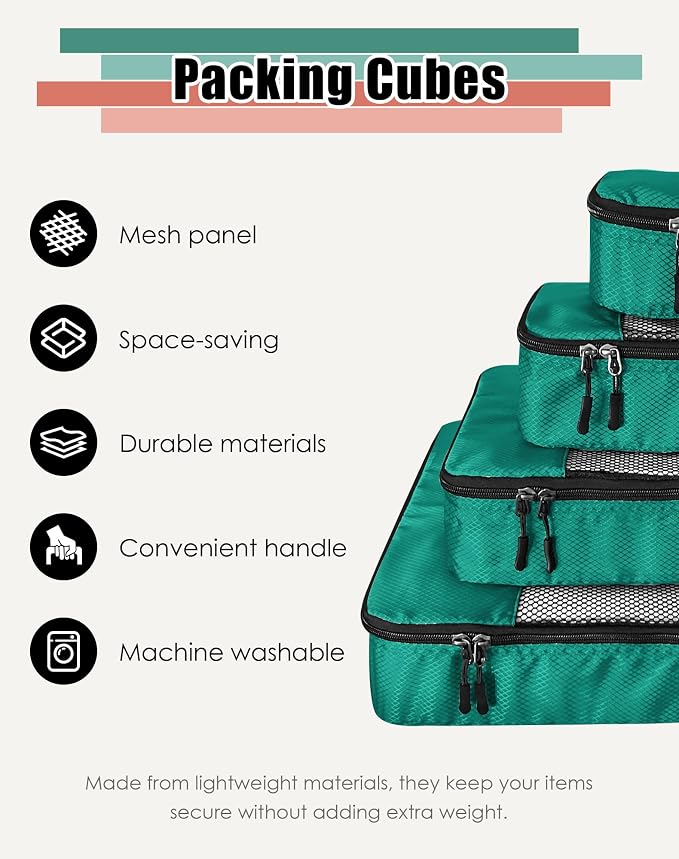 WTREE 4-Piece Packing Cubes Travel Accessories Set for Suitcases - Luggage Organizer Bags with Double Zipper - Mesh Top - Small/Medium/Large/Slim - Green - Image 2