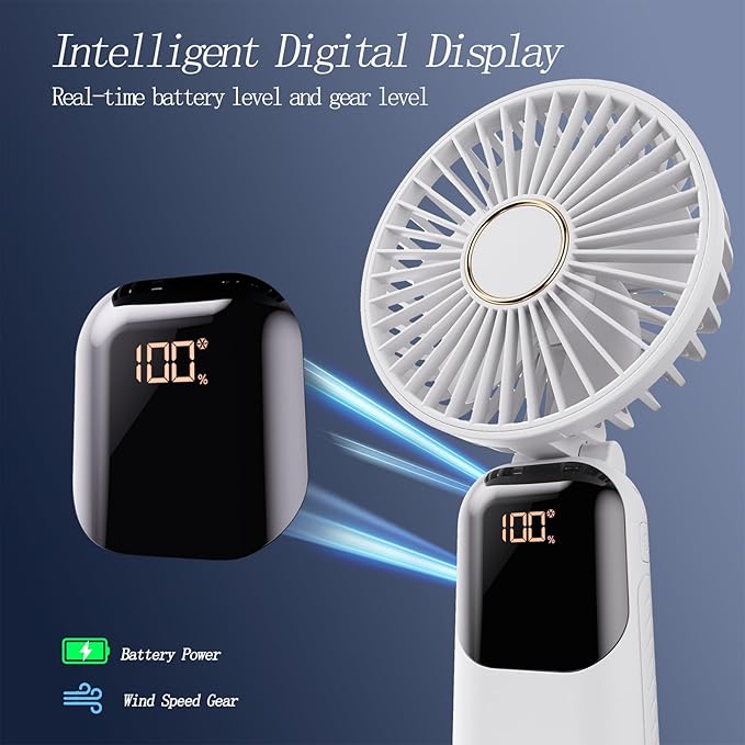 GOCKERA Portable Fan, 4200mAh Battery Operated Fan, 5 Speeds&Digital Display, Makeup Fans for Women with Base, 180°Foldable 3in1 Handheld/Neck/Desk Fan for Outdoor Indoor,Ultra Quiet (White) - Image 4