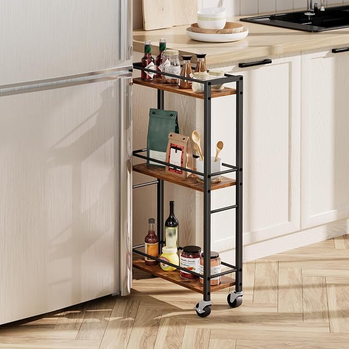 MAHANCRIS Slim Rolling Cart, Mobile Kitchen Cart on Wheels, Narrow Storage Cart for Small Space, Small Bar Cart, for Bathroom, Laundry, Living Room, Rustic Brown RCHR1501Z - Image 2