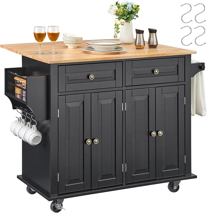 VEVOR Kitchen Island Cart, 35" Wood Top Mobile Carts with Storage Cabinet, Rolling Table with Drop Leaf, Spice Rack, Towel Bar, Adjustable Shelf, Drawer, and Hooks, Portable Islands on Wheels, Black | Rolling Table with Drop Leaf, Spice Rack, Towel Bar... by VEVOR