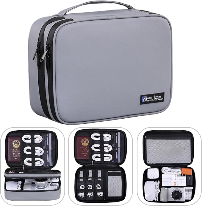 Electronics Organizer Travel Case,Cord Organizer Travel, Double-Layer Cable Organizer Bag, Tech Pouch Accessories Carry Storage For Phone, Cables, Airpods, USB, Sd Card, Essentials (Grey) by Osmudax