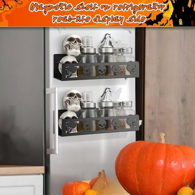 Beeveer 2 Pcs Magnetic Spice Rack for Refrigerator, Black Skull | Halloween Gothic Kitchen Decor, Spooky Home Accessories, 2 Sizes Metal Storage Shelf for Fridge Spices, No Drilling - Image 2