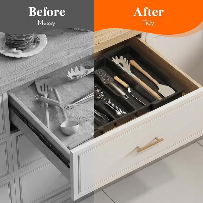 Lifewit Utensil Organizer for Kitchen Drawers, Expandable Utensil Tray | Adjustable Cooking Cutlery Silverware Flatware Holder, Plastic Spatula Tools Storage Divider, 11.5- 20 x 14.5", Black - Image 7