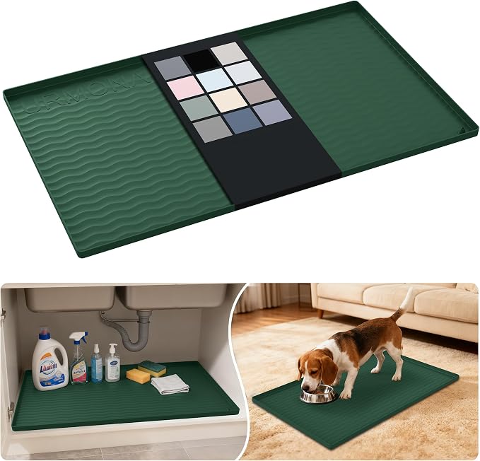URMONA Waterproof Silicone Under Sink Mat 31'' x 19'' Shelf Liner for Kitchen and Bathroom, Cabinet and Counter Protector, Storage and Organizers, Litter Mat, Pet Cat Puppy Essentials(Green) by URMONA