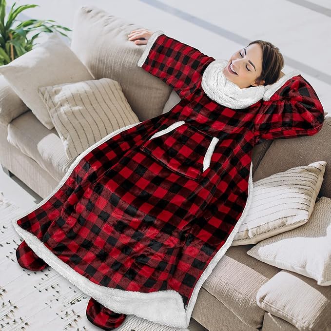 PAVILIA Sherpa Blanket with Sleeves, Foot Pocket for Women Men Adults, Thick Wearable Blanket Throw Wrap, Fleece Warm Snuggle Blanket Robe, Cozy Gift Ideas Wife Mom, Checkered Red - Image 3