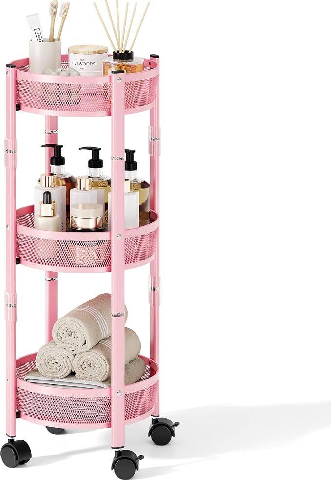TOOLF 3 Tier Foldable Rolling Cart, Metal Utility Storage Cart, Pink | Assembly-Free, Lockable Wheels, Round Trolley Organizer for Bathroom, Kitchen, Office, Dorm, Laundry, Craft Room by TOOLF