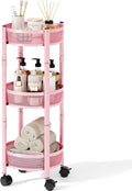 TOOLF 3 Tier Foldable Rolling Cart, Metal Utility Storage Cart, Pink | Assembly-Free, Lockable Wheels, Round Trolley Organizer for Bathroom, Kitchen, Office, Dorm, Laundry, Craft Room by TOOLF