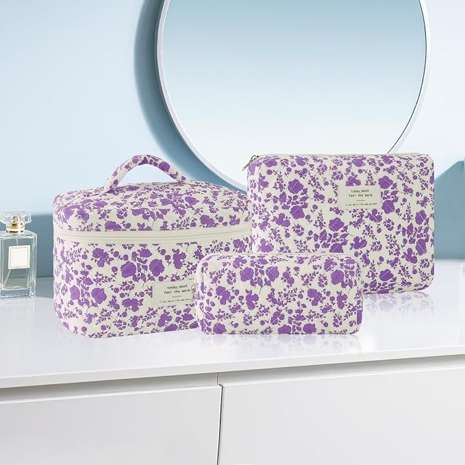 URSKYTOUS 3Pcs Cotton Quilted Makeup Bag for Women Girls Large Small Travel Portable Cosmetic Bag Set Cute Purple Floral Zipper Make Up Pouch Coquette Aesthetic Storage Toiletry Organizer Case - Image 7