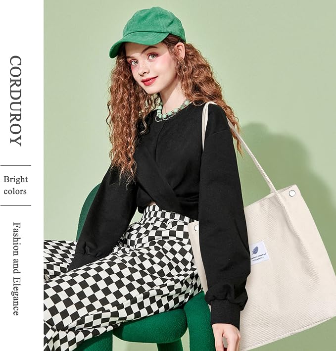 LHMTQVK Corduroy Tote Bags for Women, Large Capacity Tote Purse Reusable Grocery Shoulder Bag with Inner Pockets - Image 6