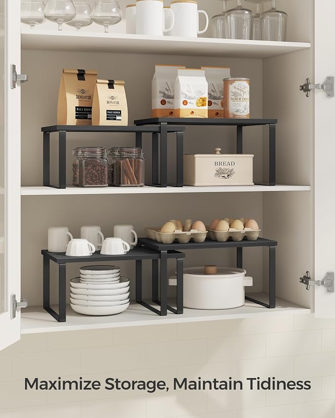 SONGMICS Cabinet Organizer Shelf, Set of 2 Kitchen Counter Shelves, Kitchen Storage, Spice Rack, Stackable, Expandable, Metal and Engineered Wood, Ink Black and Charcoal Black UKCS02B01 (Pack of 2) - Image 3
