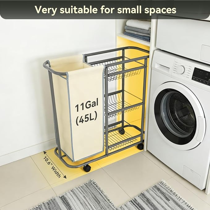 Narrow Laundry Cart with Wheels, 3 Baskets and 45L Laundry Bag | Metal Rolling Cart for Small Space, Laundry Room Organization and Storage, for Bathroom Living Room Apartment Dorm - Image 3