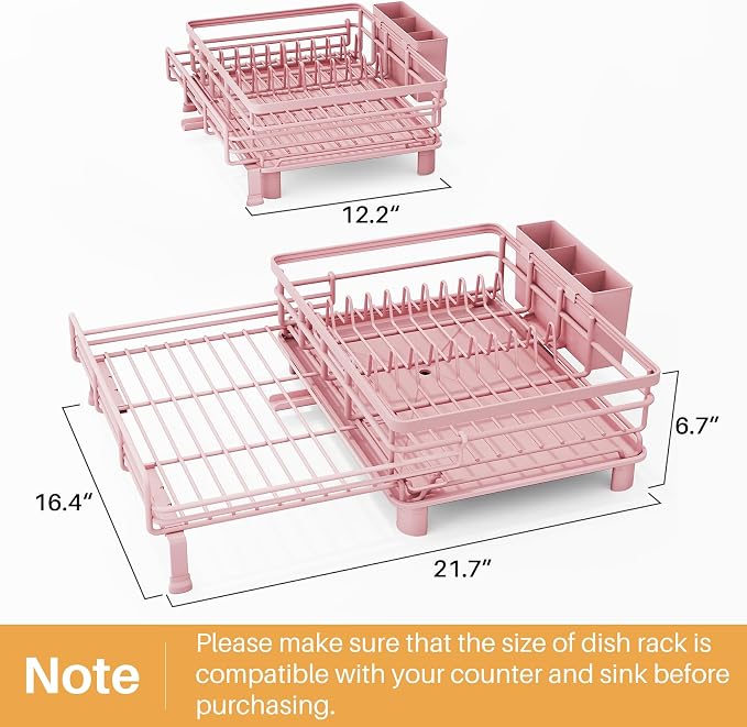SNTD Expandable Dish Drying Rack for Kitchen Counter, Stainless Steel, Pink | Foldable Over Sink, Large Capacity, Adjust to Fit Most Sinks, Angled Drainboard, Removable Utensil Holder, Slip Resistant - Image 2