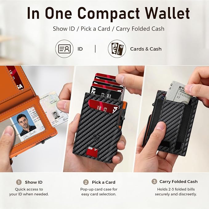 RUNBOX Wallet for Men, RFID Blocking Pop-Up Card Holder, Black+ORANGE | Minimalist Aluminum Smart Wallet with ID Window, Compact Credit Card Holder, Stretchable Cash Slot, Birthday Gift for Men - Image 6