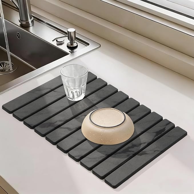 Large Stone Dish Drying Mat for Kitchen Counter, Quick Dry Stone Dishes Mats, Foldable Water Absorbing Diatomaceous Drying Pad for Countertop Bottles Utensils Cups Bathroom (Dark Gray 24"x16") - Image 8