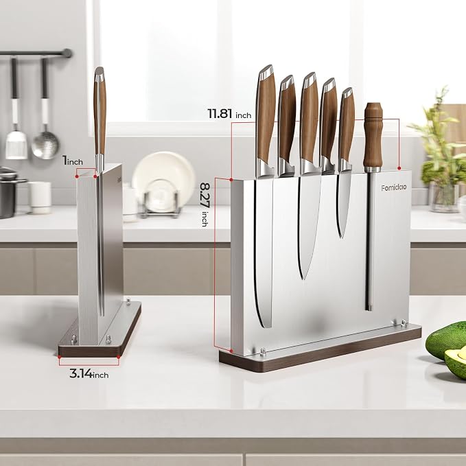 Magnetic Knife Block,Stainless Steel Magnetic Knife Holder Rack for Kitchen Counter,Strong Double Sided Magnet Knife Storage Stand with Wood Base - Image 5