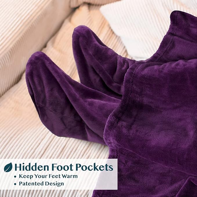 PAVILIA Fleece Blanket with Sleeves, Foot Pockets for Women Men Adults, Plush Wearable Blanket Throw Wrap, Warm Snuggle Blanket Robe, Cozy Gift Ideas Wife Mom, Dark Purple - Image 2
