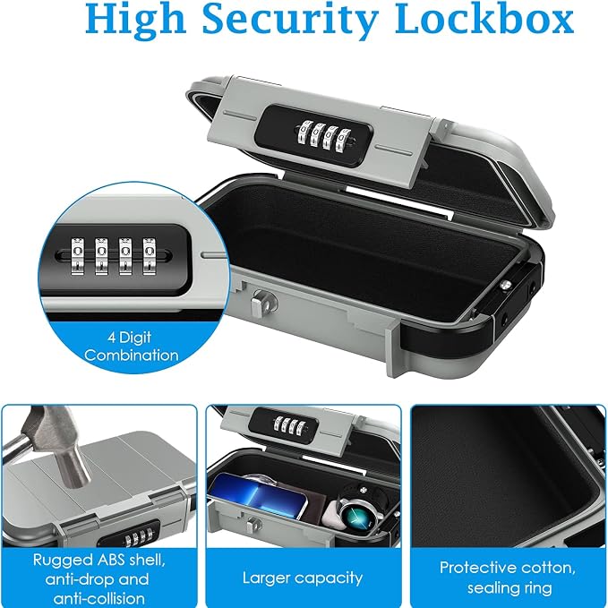 AMIR Portable Safe Box, Combination Security Case LockBox with Code, Waterproof Anti-Theft Mini Travel Safe Box with Removable Chain, Security Box for Home,Office, Grey - Image 4
