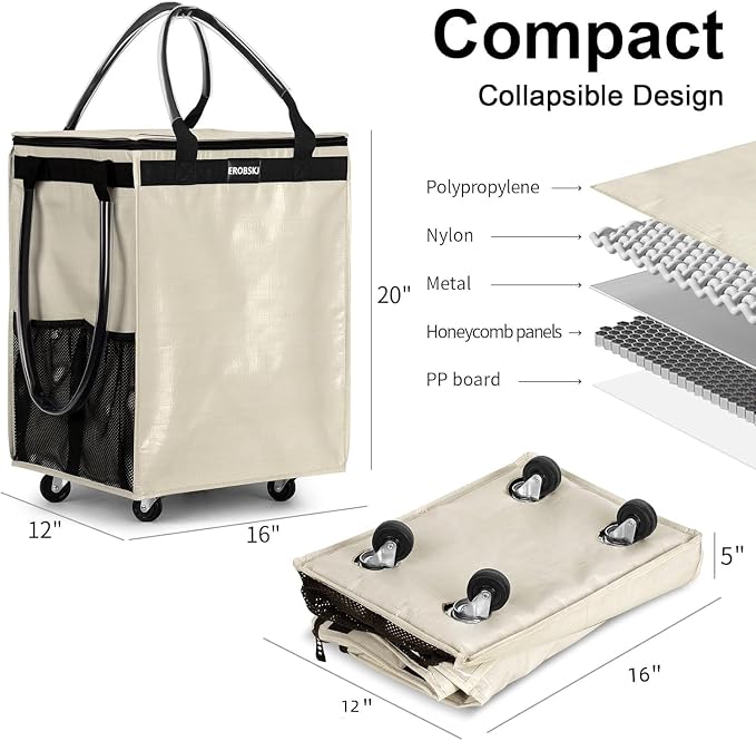 (Medium,Beige) Reusable Grocery Bag on Wheels, Foldable Rolling Tote, Carries Up to 66 lbs Shopping Trolley, Zipper Clouser Shopping Carts for Trips, Laundry, 4 Heavy Duty Wheels and 3 Handles - Image 3