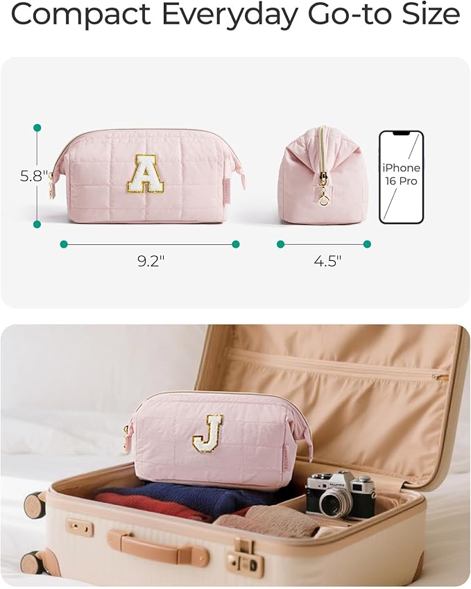 BAGSMART Birthday Gifts Personalized Initial Makeup Bag, Trendy Stuff Gifts for Women Bridesmaid Graduation, Puffy Padded Make Up Bags for Women, Wide-open Toiletry Bag, Pink A - Image 5