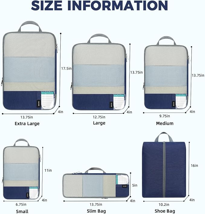 BAGAIL Lightweight Compression Packing Cubes for Travel, 6 Set, Navy | Salis Nylon Fabric,Anti-Tearing,Save Space,SBS Zippers,Packing List,PVC Tag Pocket,Custom Labels,Visible Mesh,Portable Handel - Image 5