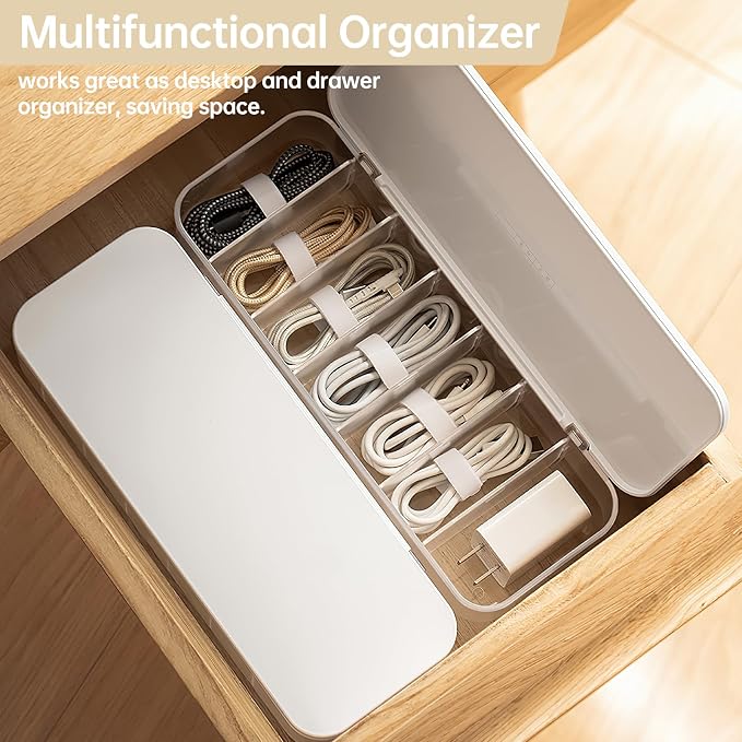 PAVSTINE Cable Organizer Storage Box with Lid, 7 Wire Ties, White | Adjustable Dividers, Holds Power Cords & Charger, Dust-Proof, Desktop Accessories & Stationery Supplies for Home & Office - Image 2