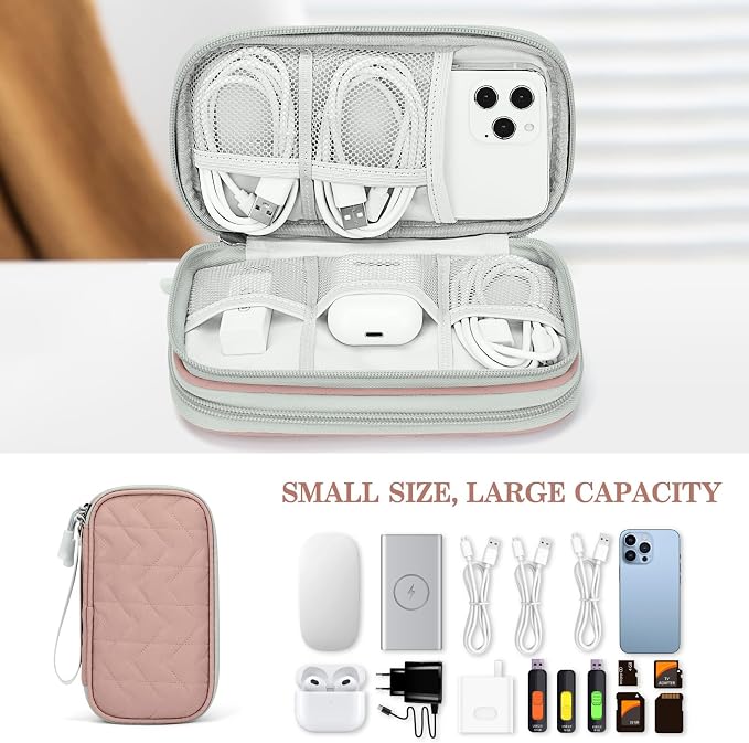 FYY Electronic Organizer, Travel Tech Pouch, Cable Organizer Pink Quilted | Wrist Strap, Waterproof, Double Layers Portable Electronics Travel Carrying Case for Cord, Charger, Daily Business Trips Use - Image 6
