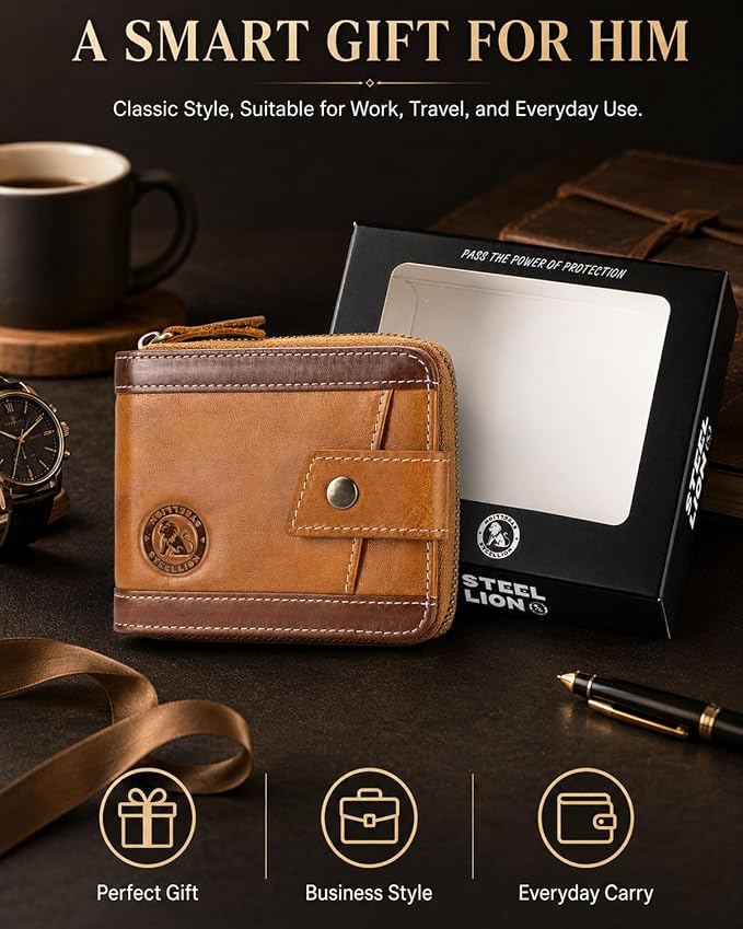 Men's Leather RFID Wallet with Zipper, 14 Card Slots, ID Window | Zippered coin pocket separates loose change; organized for commuting and everyday carry (Brown) - Image 7