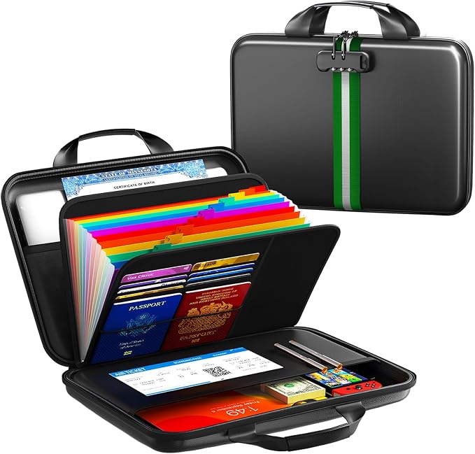 Fireproof Document Organizer with Lock, Rigid EVA File Box with 13-Pocket Accordion Folder for Important Documents & Tablets under 11", Lightweight Safe Storage for Home, Office & Travel (Small Size) by Unknown
