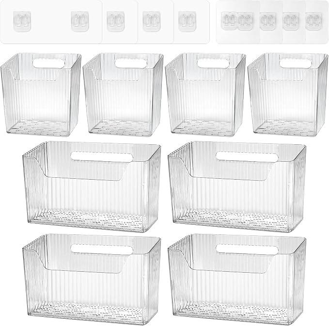 8 Pcs Storage Organizer Bins - Wall Mounted Basket in 2 Sizes, Clear Cabinet Door Stackable Adhesive Hanging Bin for Bathroom, Kitchen, Pantry by DANHMAO