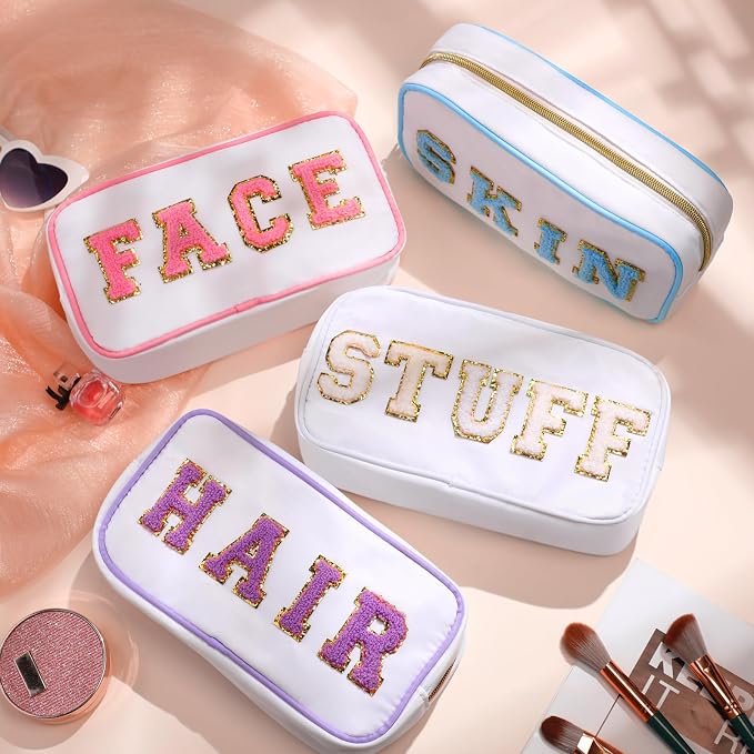 Preppy Makeup Bags Chenille Letter Stuff Bag Nylon Cosmetic Pouch Cases with Zipper for Women Travel Toiletry(White Set,Novel,4 Pcs) - Image 2