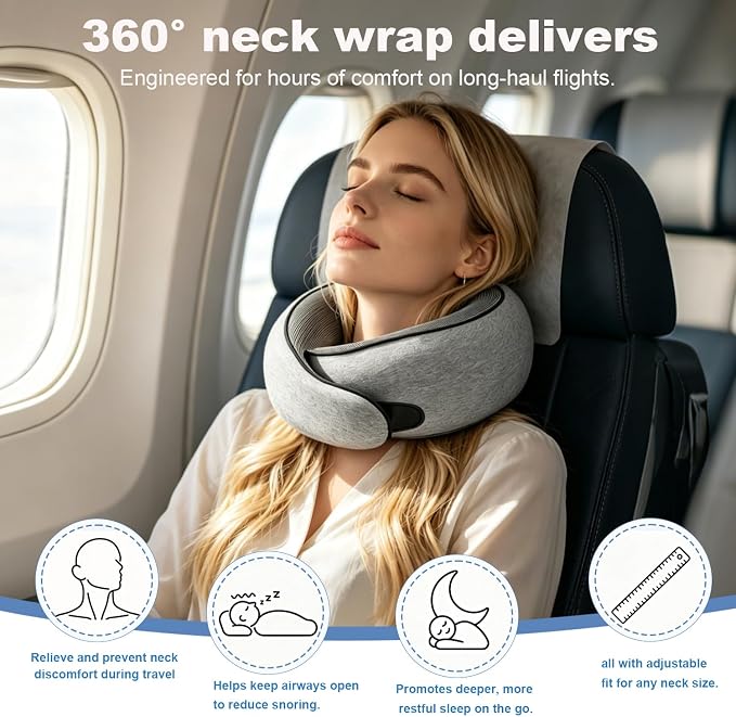 G-Shape Memory Foam Travel Pillow Super Comfort Neck Pillow Airplane 360°Support | Complete Sleep Kit: Eye Mask, Ear Plugs & Carry Bag | Lightweight Airplane Pillow for Home, Car & Travel(Gray) - Image 3