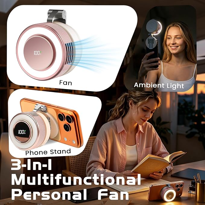 Portable Clip-On Fan, Mini USB Rechargeable 360° Rotatable Fan, Personal Fan 3-Speed Silent Mini Bladeless Fans (Pink-2000mAh) - Image 2