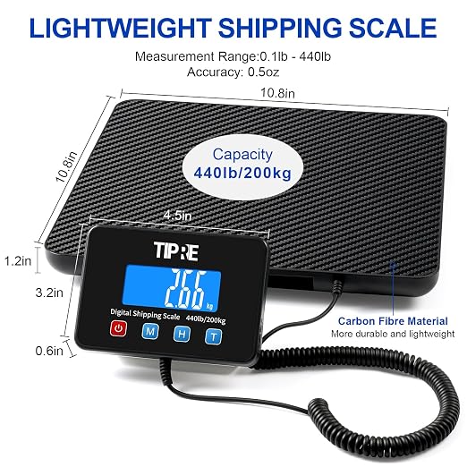 TIPRE Shipping Scale 440lbs for Packages,Lightweight Carbon Fibre Heavy Duty Digital Postal Scale,0.5 oz High Accuracy Commercial Scale with Charging Cable & Batteries for Small Business,Warehouse - Image 2