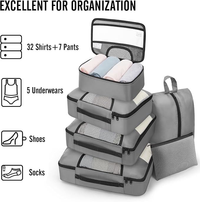 Veken 8 Set Packing Cubes for Travel Essentials,Anti-Wrinkle Buckled Suitcase Organizer for Shoe & Toiletry Bag,Carry On Luggage Bag with 99+ Count Mesh Holes for Airplane & College Dorm Accessories - Image 5