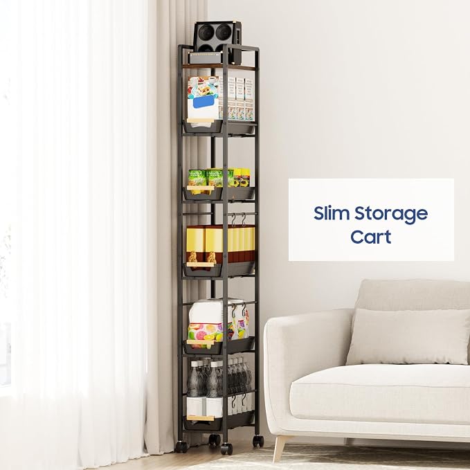 6 Tier Slim Storage Cart with Pull-Out Baskets Rolling Cart with Wheels Wood Top Narrow Utility Cart Metal Shelving Units for Pantry Laundry Room Bathroom Kitchen Black 8in(W) - Image 7