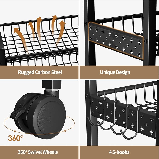 6 Tier Slim Storage Cart, Narrow Rolling Cart with Wheels, 6in(W) | Narrow Mobile Utility Shelf Unit Organizer for Kitchen, Bathroom, Laundry Room, Living Room, Small Places, Black - Image 5