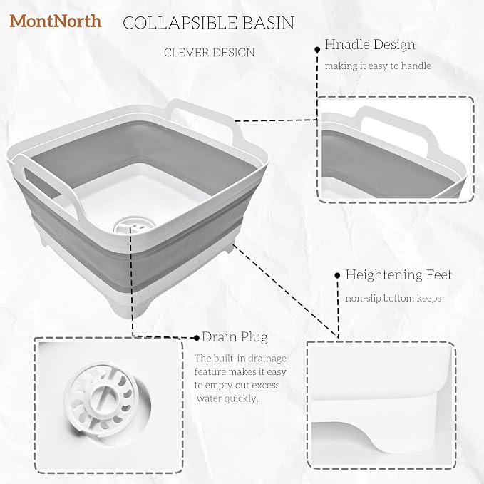 MontNorth Collapsible Wash Basin 9L, Foldable Dish Tub with Drain Plug, Portable Collapsible Dish Basin, Camping Sink for Washing Dishes, Laundry & Kitchen Use,Gray - Image 4